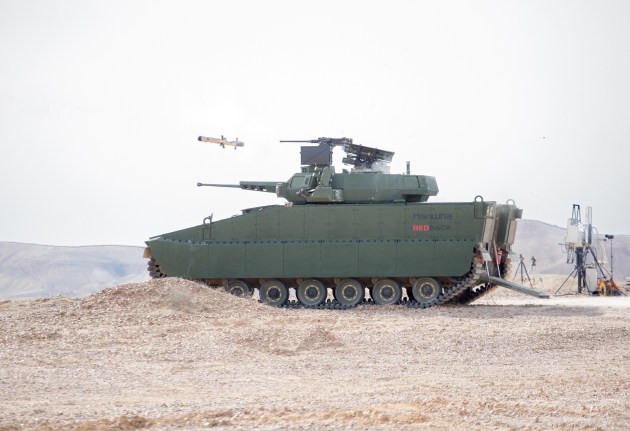 A Redback IFV fires a Rafael Spike Anti-Tank Guided Missile (ATGM) during testing. (Hanwha Defense Australia)