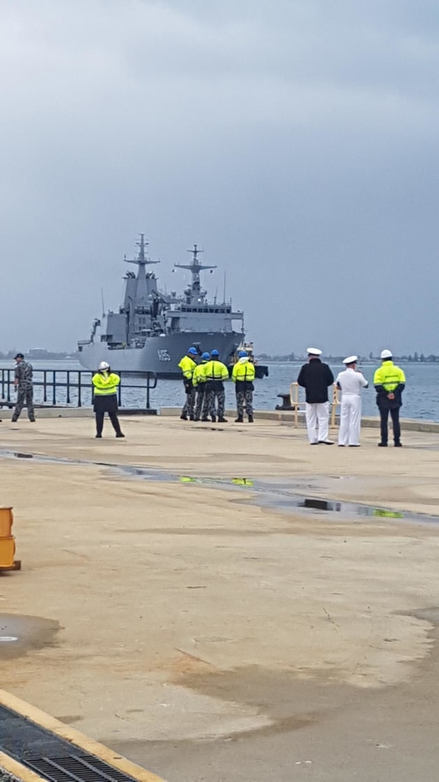 The Royal Australian Navy (RAN)’s new Auxiliary Oiler Replenishment (AOR) ship, NUSHIP Supply, arriving at HMAS Stirling, Garden Island in Western Australia. (Supplied)