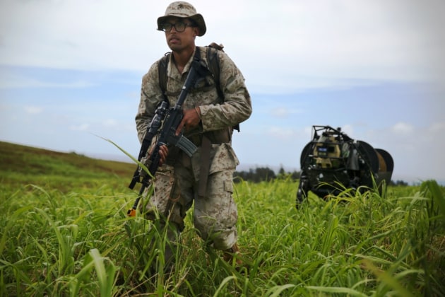 Lance Cpl. Brandon Dieckmann, an infantryman with 3rd Battalion, 3rd Marine Regiment, India Co., leads the Legged Squad Support System (LS3) through an open field at Kahuku Training Area. Credit: Sgt Sarah Anderson via DVIDS.