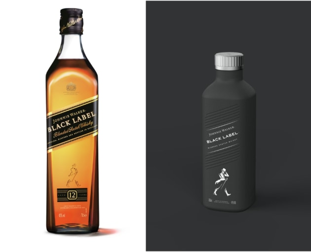 Before and after: Johnnie Walker Black Label will be the first 100 per cent plastic free, paper-based spirits bottle.