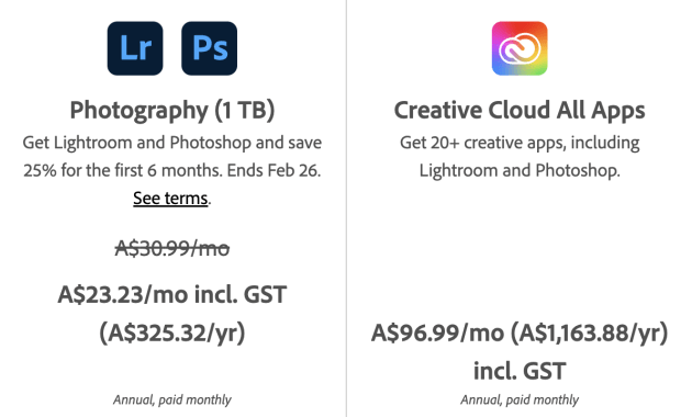 The new Photography 1TB (with 25% off for the first 6 months) and Creative Cloud All Apps pricing on the Adobe AU website.