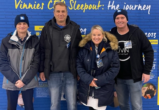 Sleepout raising homelessness awareness, and funds: (l-r) Graham Morgan, Michael Schulz, Kellie Northwood and Rodney Frost