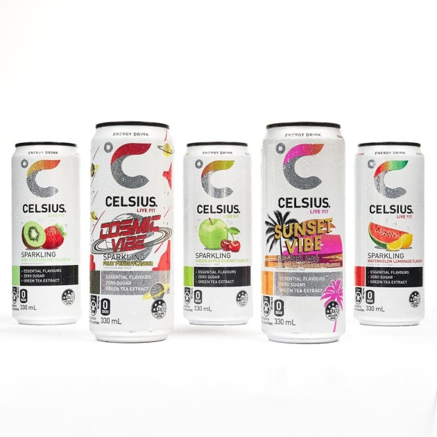The zero-sugar Sunset Vibe flavour joins a growing Australian range, since its launch to market was announced last April, including Sparkling Kiwi Strawberry, Sparkling Watermelon Lemonade, Sparkling Green Apple Cherry, and Celsius Cosmic Vibe.
Source: Celsius