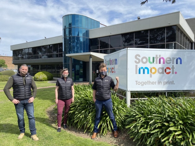 Southern Impact: Pictured outside the factory with the new branding are (l-r) Rod Mills, Adrenne Teague, and Rod Dawson