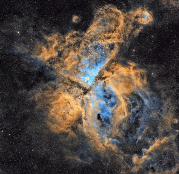 The Carina Nebula © Petar Babić (Croatia). iTelescope T9 Tele Vue NP127 127 mm apochromatic refractor telescope at f/5.6, 10Micron 2000 HPS mount, FLI ProLine 16803 camera, Ha-OIII-SII composite, 3 hours 30 minutes total exposure.