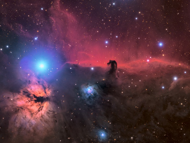 The Horsehead and Flame Nebula © Connor Matherne (USA). Takahashi TOA-150 150 mm apochromatic refractor telescope at f/7.3, FLI filters, Astro-Physics AP 1600 mount, FLI ML16200 camera, L-RGB composite, 26-hour total exposure