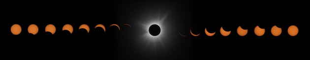 Total Solar Eclipse ? Louis Egan. 
This 22-megapixel panorama shows the different stages of the full solar eclipse, with a high dynamic range (HDR) image of totality in the middle. This reveals both the bright corona and finer details otherwise lost in standard exposures. The final image uses approximately 200 images with varying exposure times to create a HDR totality, before combining everything together. 
Taken with a Canon EOS 60D camera, SWSA 2I mount, Sigma 70-300 DG lens, Baader solar filter, 300 mm f/6.3, ISO 100, approximately 1,200 x 1/200-second exposures and 200 x 1/25-second exposures.
Location: Coaticook, Quebec, Canada, 8 April 2024.