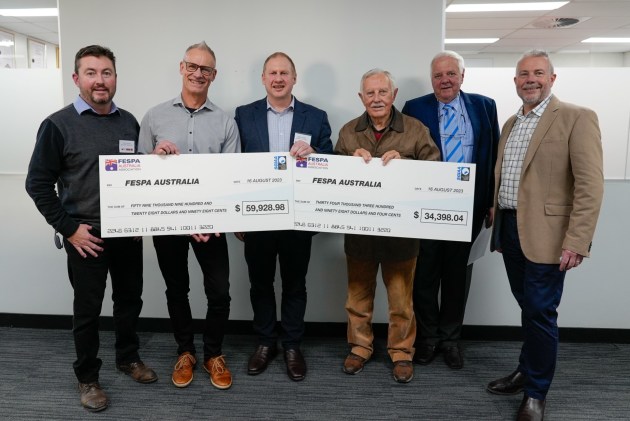 $94,000 for Fespa Training fund: (l-r) Chris Wright - CEO - Allprint Graphics- Glen Crerar Recipient; Paul Smith, GC Trustee and Recipient; Nigel Davies, Fespa AU president; Trevor Cunningham, Life Member and past president, founder of Allprint Graphics 63 years ago; Bill Porteous, Life Member, founder of JW Agencies, past NSW Treasurer; and Grant Cunningham , managing director Allprint Graphics, past NSW Region president