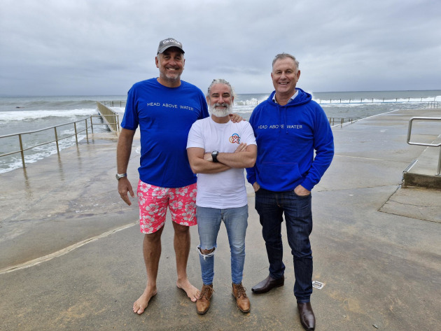 Swimming for mental health: (l-r) Andrew Ward, Konica Minolta; Steve Gamble, Anchor Health; and Lachlan Finch, Rawson print & Packaging