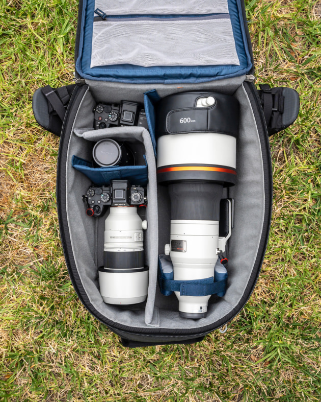 Here, I've packed a Sony 600mm f/4 prime (detached), a 100-400mm f/4.5-5.6, a 24-70mm f/2.8 and two camera bodies with batteries into it, and all for a weight under 10kg. Image: Doug Gimesy