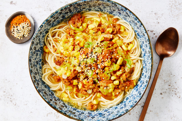 v2 plant-based chilli ramen with leek and corn.