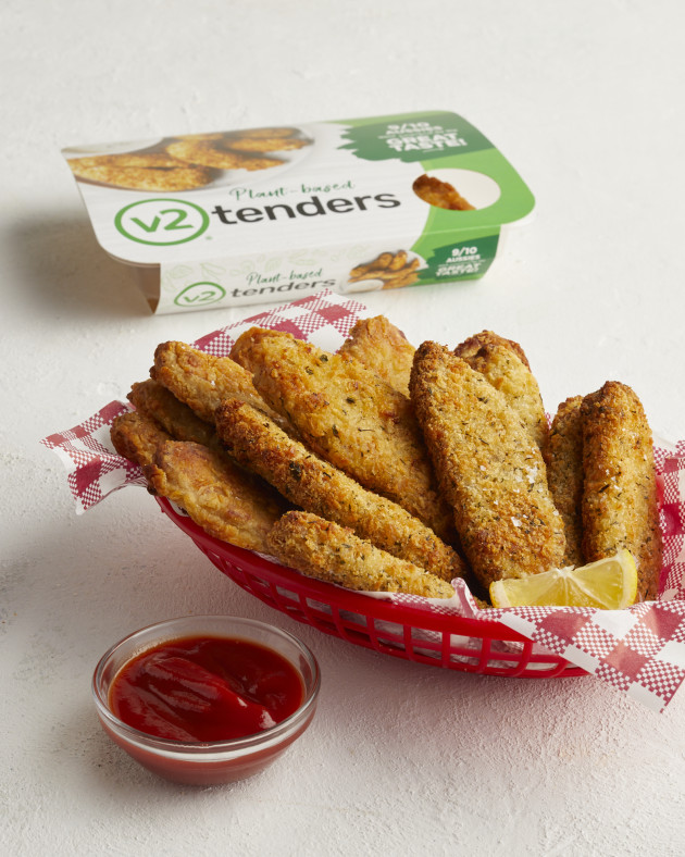 V2food has launched its first line of plant-based chicken products. The release of crumbed tenders, nuggets and schnitzel is the third animal protein alternative developed by the company. (Image source: v2food)