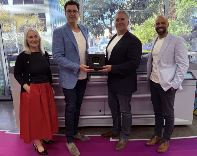Winning partnership: (l-r) Vivian Kooyman, channel partner manager, Canon Production Printing Australia; Rob Mesaros, CEO, Currie Group; Craig Nethercott, managing director, Canon Production Printing Australia; and Paul Whitehead, business unit manager – Sign & Display, Currie Group.