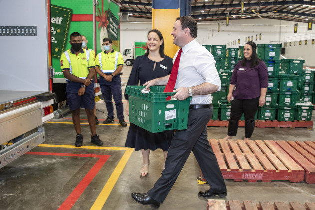 New South Wales Minister for Western Sydney, Stuart Ayres with Woolworths Director eCom B2C, Annette Karontoni at Woolworths new online Customer Fulfilment Centre in Lidcombe (NSW)