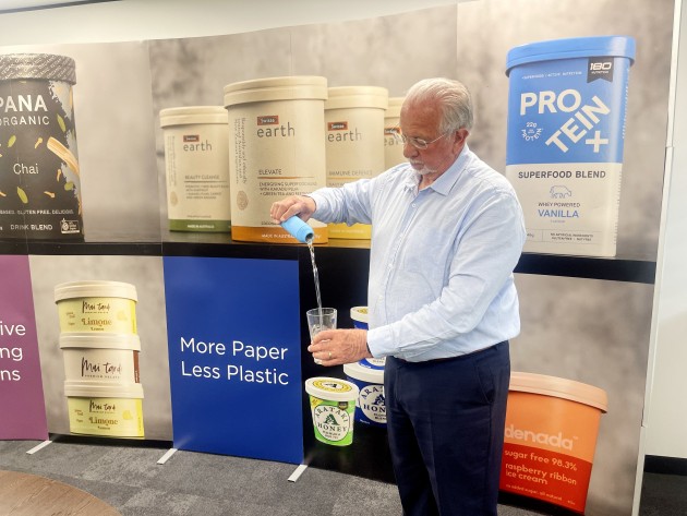 The proof is in the pour – David Kilpatrick demonstrates the paper bottle’s functionality.