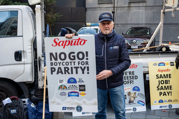 Employees at Saputo Dairy Australia’s Tasmanian processing plant are striking over wage negotiations, arguing for pay parity with their Victorian counterparts, who are paid 21 per cent more than those in Tasmania. (Source: Instagram, AMWU)