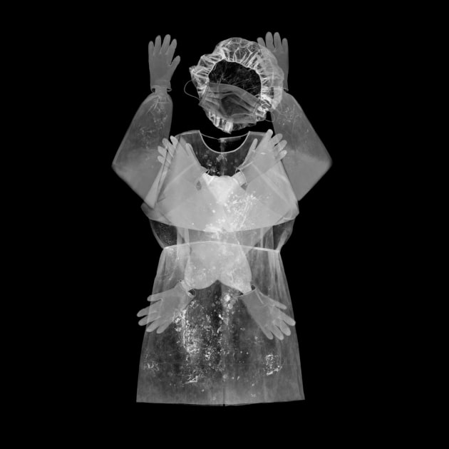 Exposure Runner up Australia: Sarah Cusack’s digital photograms of personal protective equipment (PPE) which provides protection from infectious particles but not from these dangers and varying psycho-emotional states suffered over time.