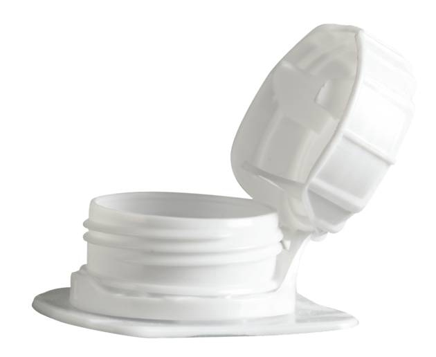The tethered United Caps 23 H-PAK closure locks in the open position, keeping the cap clear of the pouring area. [Image: United Caps]