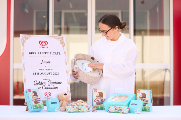 Junior was born at the Streets Ice Cream 'Maternity Ward' in Minto, NSW, at 8.08am on Thursday, 6 August 2026, weighing 100mL and measuring 14cm.