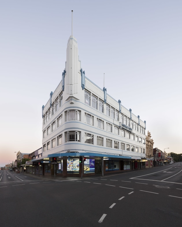 Holyman House, Launceston. Architecture works best with persistence and waking up early. After countless trips to this location I had success with no cars parked out front and fantastic weather. The lens was shifted to include the beautiful art deco finial details. Canon EOS 5D Mark III, Canon TS-E 17mm f/4L lens @ 17mm. 1/2s @ f13, ISO 100.