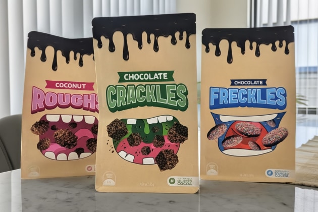 Latest iteration of the new pouch packaging, shown with Chocolate Crackles, Coconut Roughs and Freckles