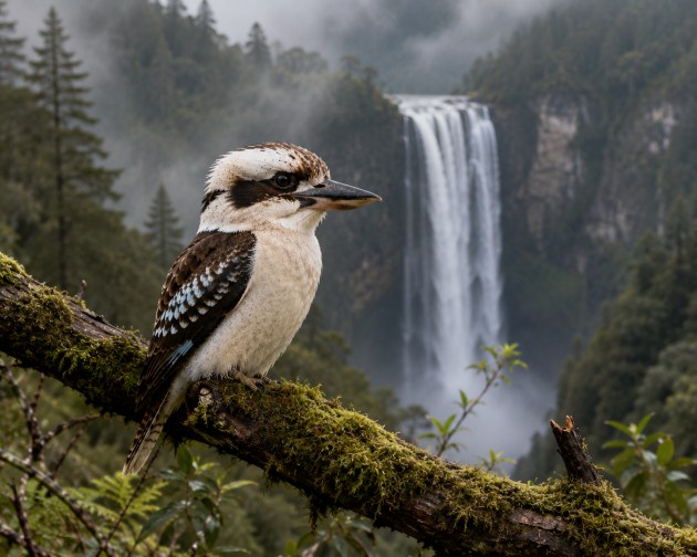 A kookaburra in a very North American looking setting. Image is AI-generated, using ChatGPT. Illustration: ChatGPT