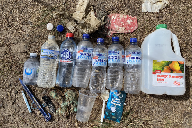 Disposable plastic bottles collected from a beach in Victoria