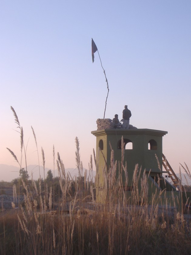 Jalalabad Airfield Tower, Afghanistan, 2006. The Afghan National Army guard tower at the perimeter at Jalalabad Airfield. I was there to recon the adjacent orchard fields which were mined. Security was very lax so not surprised when a few weeks later they were hit with suicide vehicle bomb (SVBIED) at the gate.
Photo by Alex Thomson.