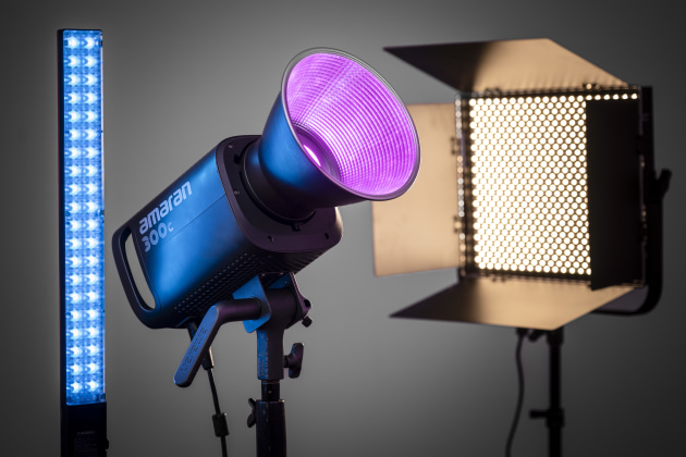 These are three of my continuous lights, including a rather old light wand, my Amaran 300C and a bi-colour light panel. All three lights can work in daylight and tungsten mode, but the light bar and Amaran can also be used to create a wide range of colours.