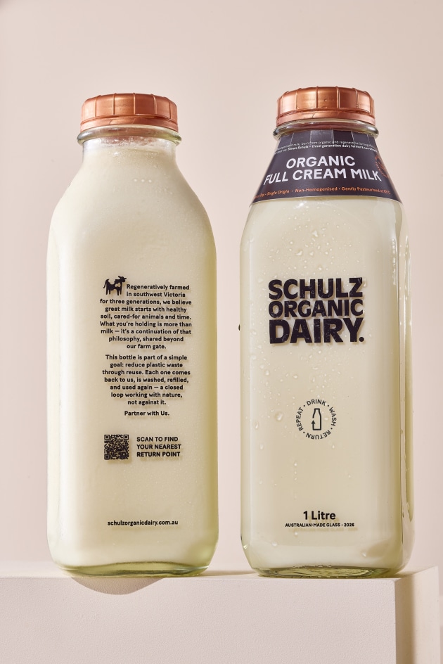Schulz Organic Dairy in returnable and refillable glass bottles.