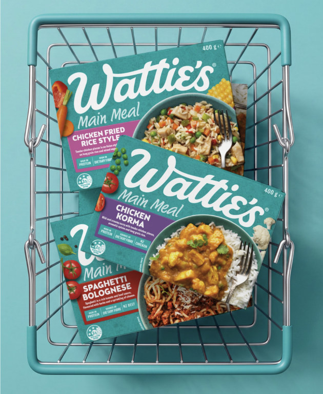 Boxer Brands’ redesign uses the Wattie’s logo, teal branding, food photography and colour-coded variants to distinguish its Main Meals range.
