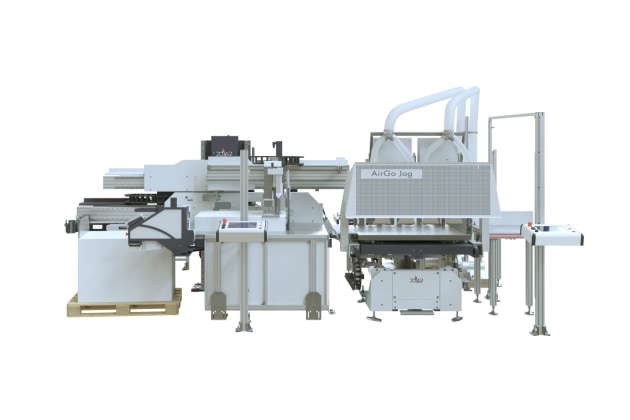 The Polar AirGo Jog automatically aligns individual sheets of paper or cardboard with precision to the edge for stacking prior to cutting.