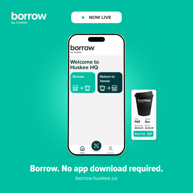 The new Borrow by Huskee web app provides a QR code-based entry point for customers to access the reusable cup sharing system.