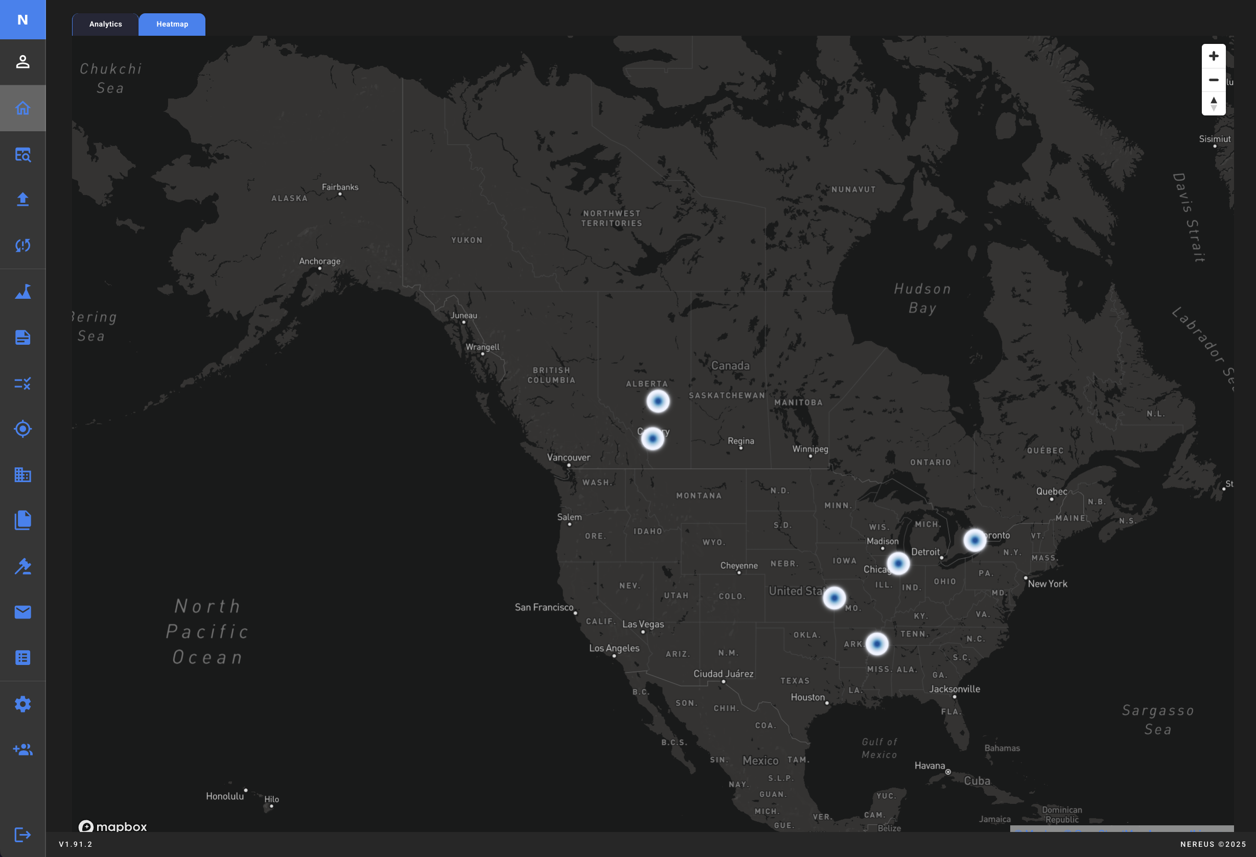 Dark map of North America with glowing markers over depot cities