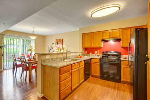 Fully-Equipped Chef Inspired Kitchen with Black Appliances and Ample Cabinet Storage
