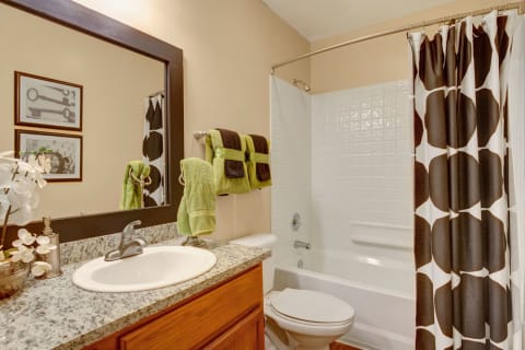 Bathroom with Single Sink Vanity, Showertub, and Wood Floors