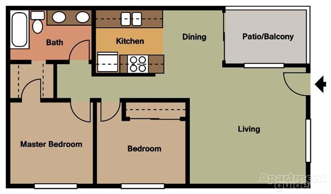 2 Bed 1 Bath Floorplan 2 Bed 1 Bath Floorplan at Terramonte Apartment Homes, Pomona, California