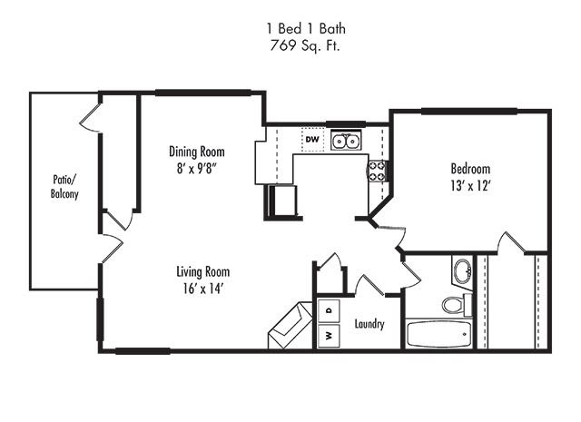 1 x 1 Floorplan 1 x 1 Floorplan at at Canyon Villa Apartments, Chula Vista, CA, 91910