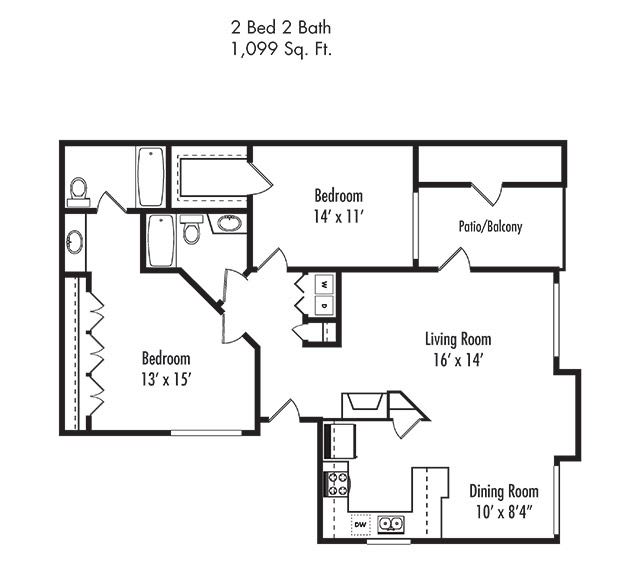 2 x 2 Floorplan 2 x 2 Floorplan at Canyon Villa Apartments, Chula Vista, California