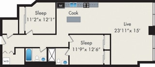 2BR 2Bath 2BR floor plan at the Lofts at Gin Alley