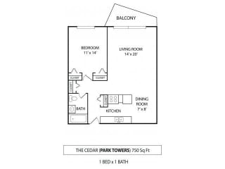 Park Towers The Cedar Floor Plan Park Towers Apartments in St. Louis Park, MN 1 Bedroom 1 Bath