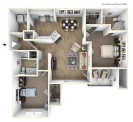 Floor Plan 2 Bedroom 2 Bath 1143 sqft (B1r)