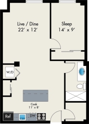 1Bed 1Bath FloorPlan Image1 One Bedroom floor plan at the Lofts at Gin Alley, Chicago, IL 60607