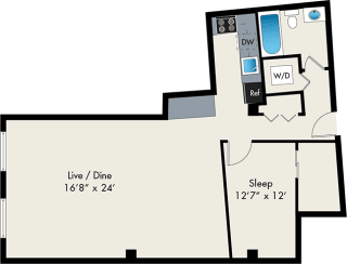 one bedroom floor plan at the lofts at gin alley