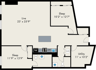 2Bed 2Bath FloorPlan Image3 Two Bedroom Floor Plan at the Lofts at Gin Alley