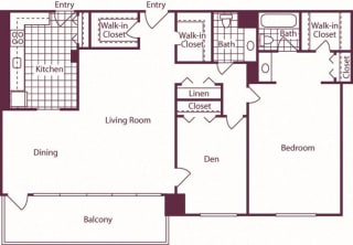 Floor Plan 1 Bedroom + Den, 1.5 Bath 1288 SF A18