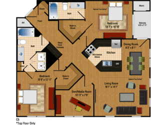 Floor Plan 2 Bed + Den, 2 Bath 1196 SF BD1