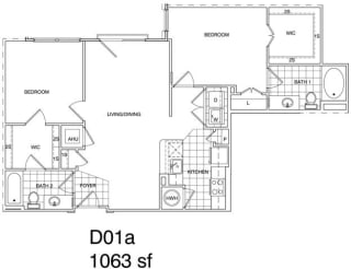 Floor Plan 2 Bedroom, 2 Bath 1063 SF KD1.1