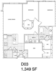 Floor Plan 2 Bedroom + Den, 2 Bath 1349 SF KD3