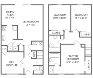 Floor Plan Three Bedroom Two and a Half Bath Townhome